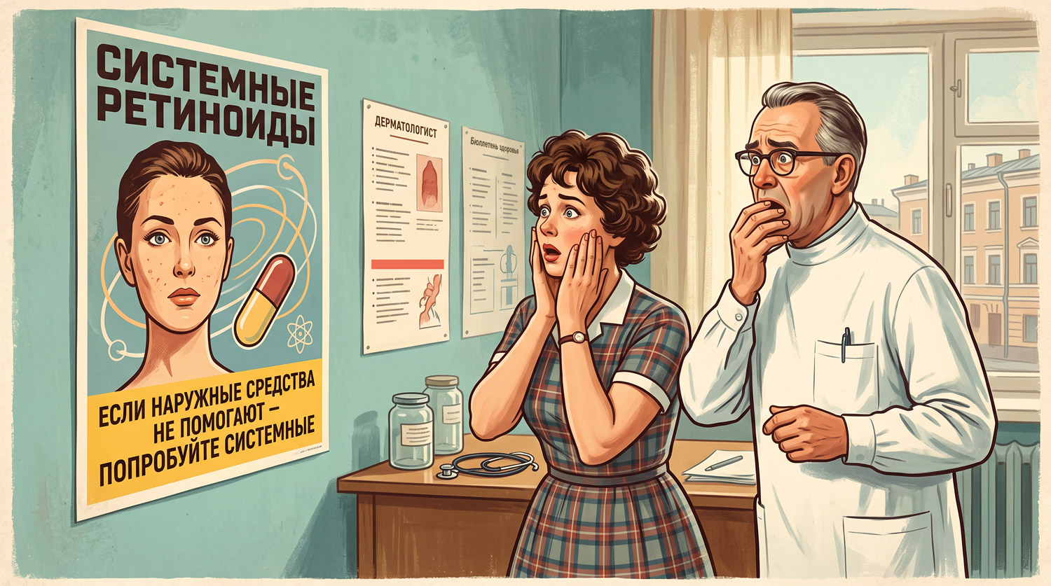 Доктор с пациенткой смотрят плакат. Доктор боится назначать системные ретиноиды