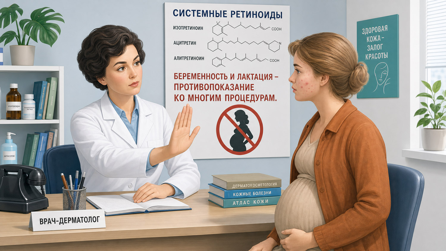 Противопоказания при беременности. Врач не разрешает беременной девушке проходить лечение на системных ретиноидах