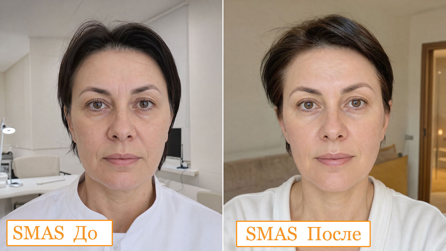 Фото До и После безоперационной процедуры SMAS-лифтинга