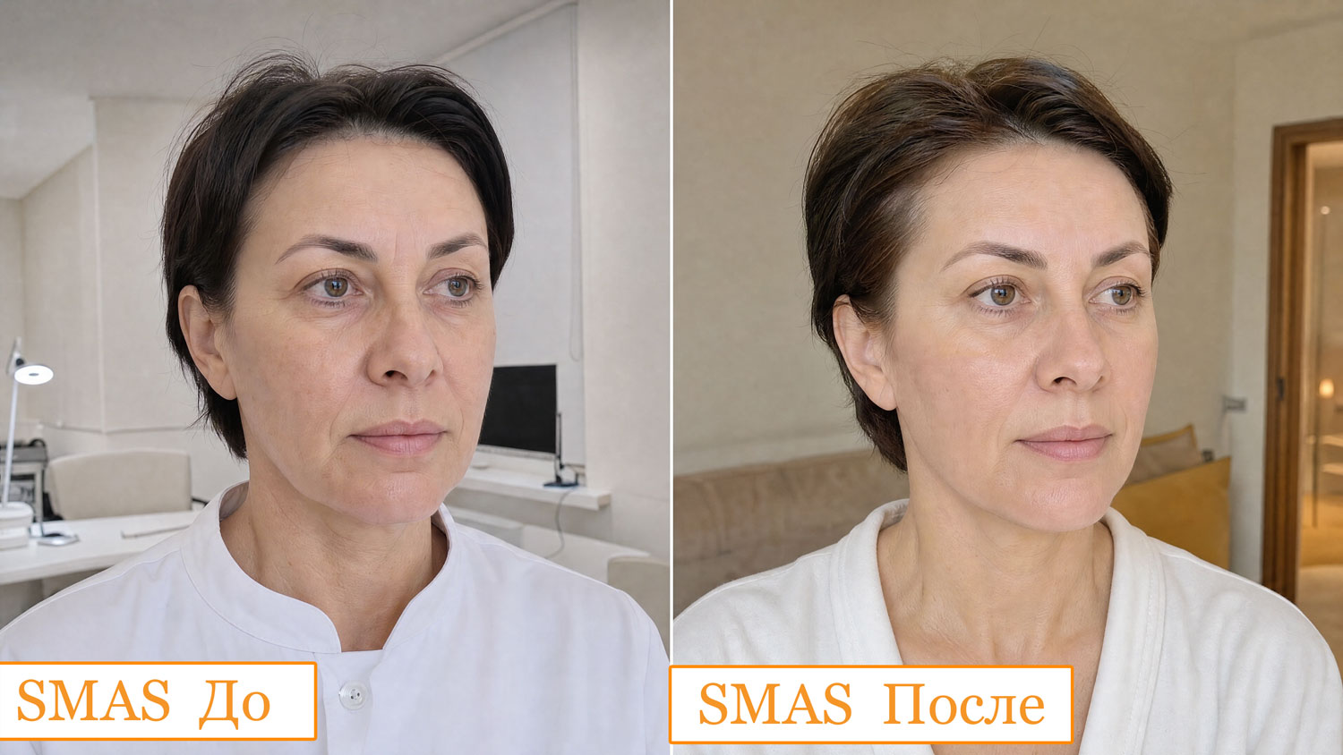 Фото До и После безоперационной процедуры SMAS-лифтинга 2
