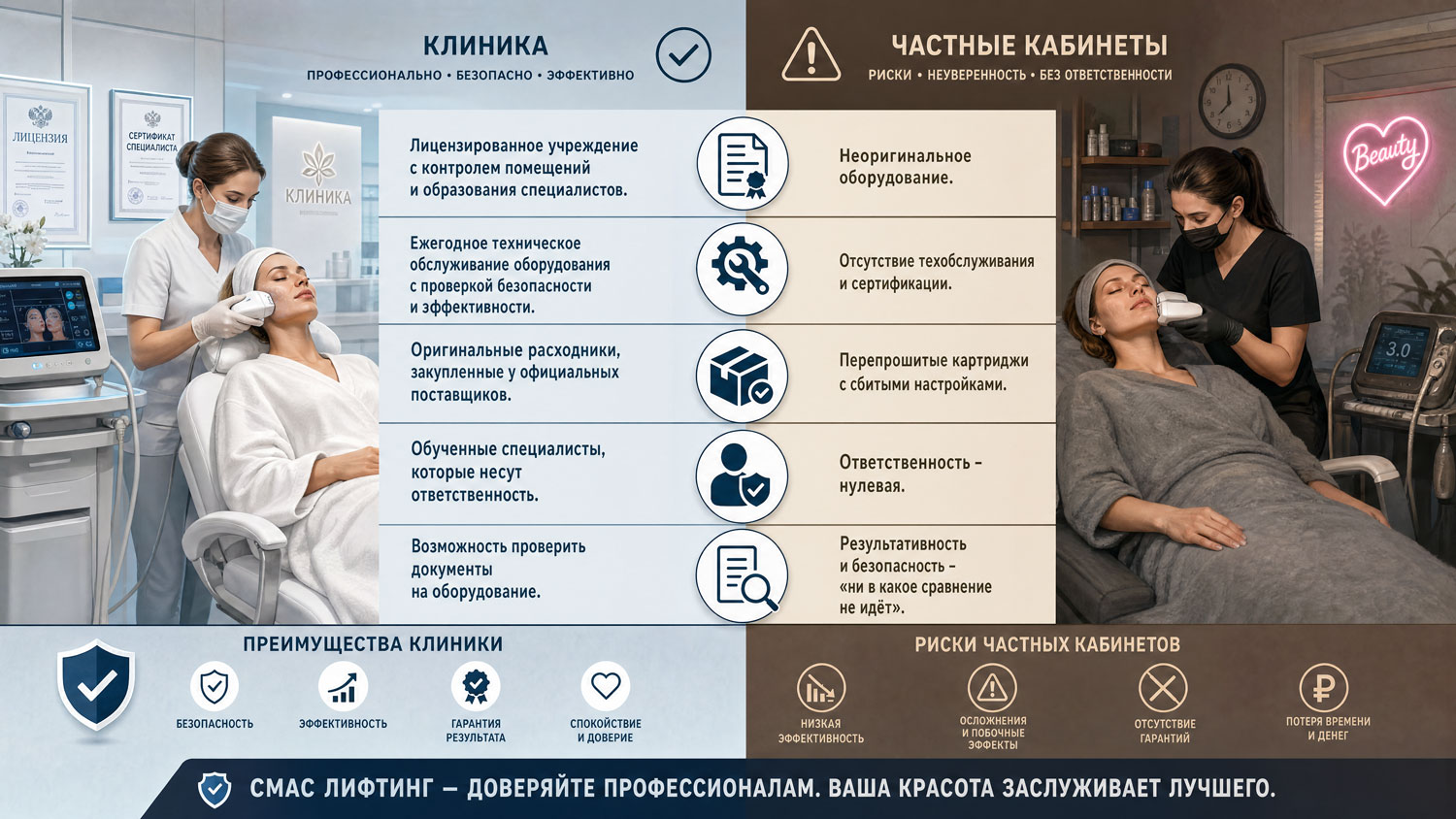 Сравнение SMAS-лифтинга в клинике и частном кабинете