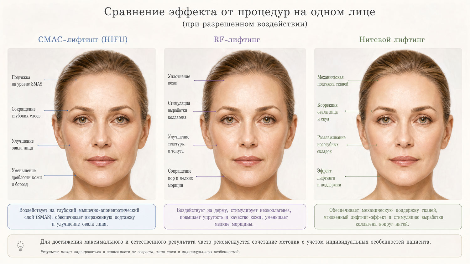 Сравнение и описание эффекта от процедур подтяжки лица