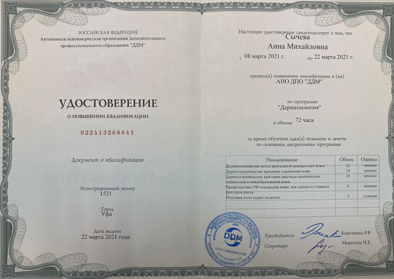 Повышение квалификации по программе - Дерматоскопия